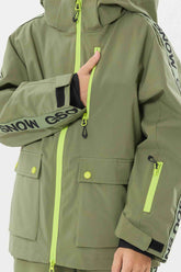 Kids' Army Green Sporty Logo Tape Waterproof Insulated Snow Jacket